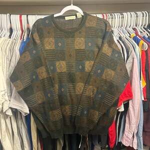 Vintage Preswick & Moore Geometric Patchwork Knit Wool Blend Sweater L